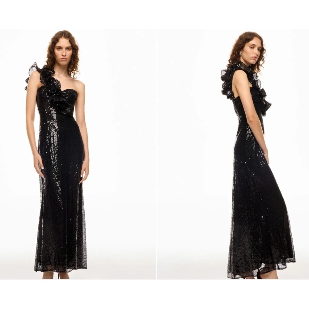 Mac Duggal Dress Sequin Ruffled One-Shoulder Gown Maxi Black Size 4 **READ FLAW*